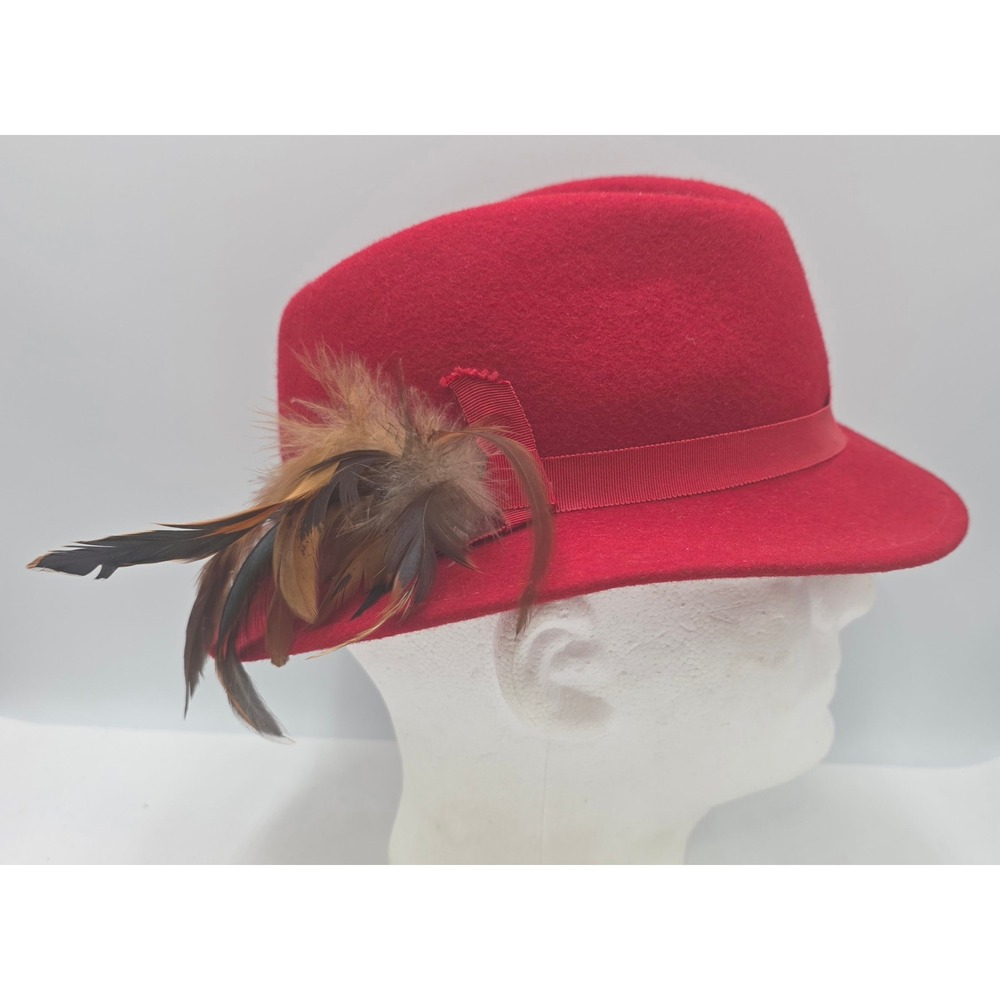 Vintage Lancaster Fedora Hat Womens Size 6 5/8 Red Wool Feather Trim Made in USA